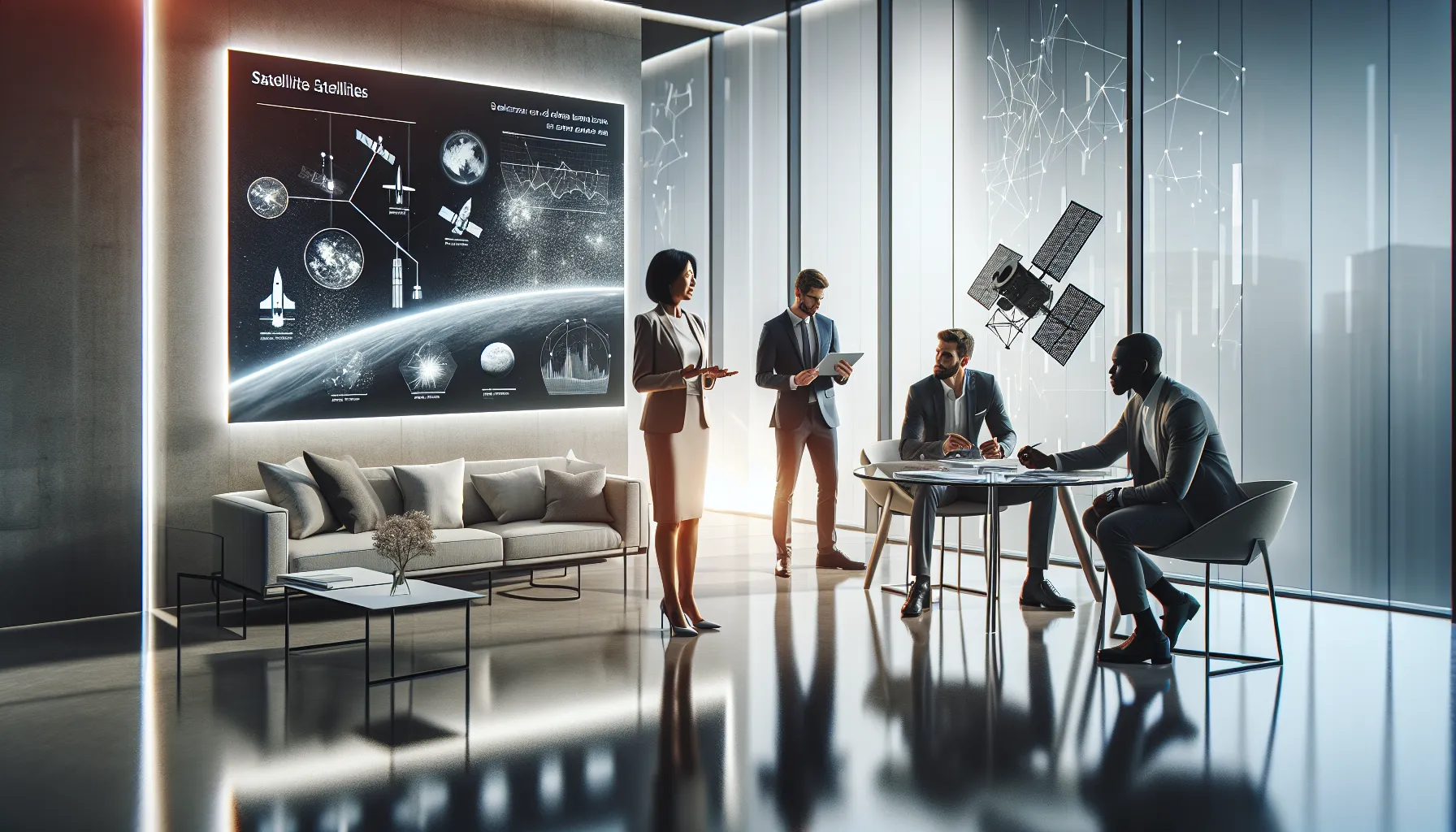 diverse team discussing satellite technology in a modern office.