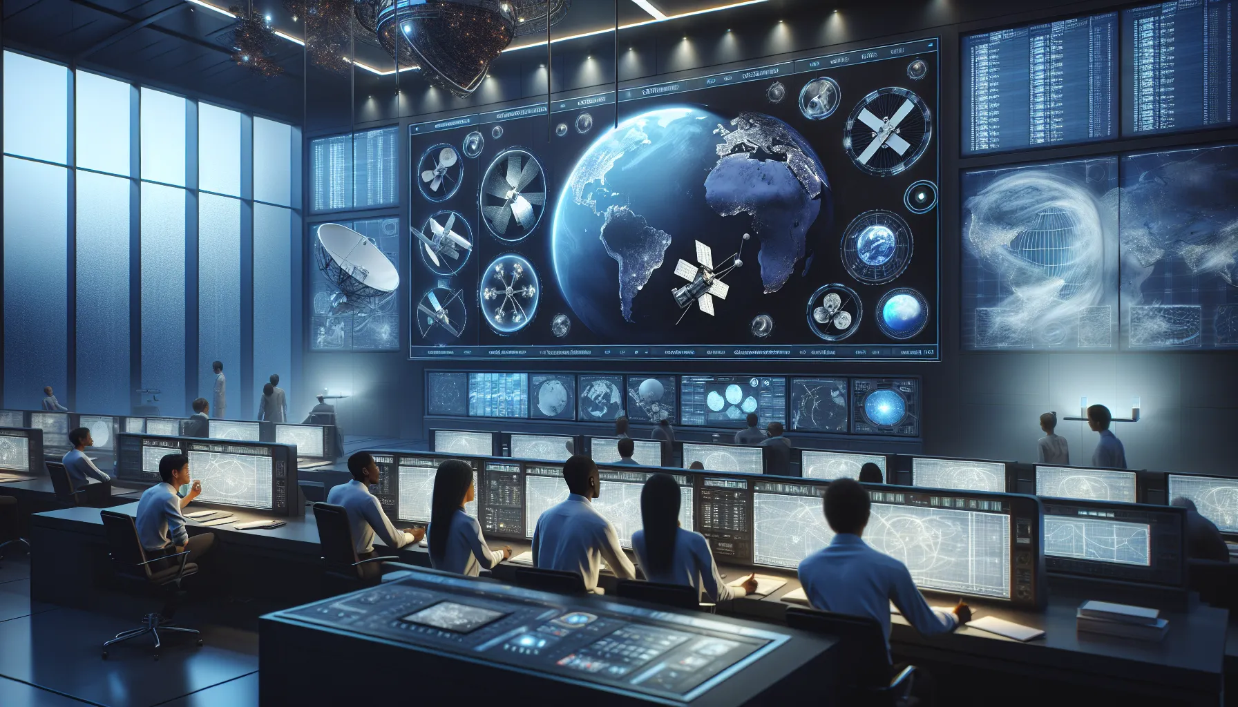 diverse team discussing satellite technology in a modern control room.