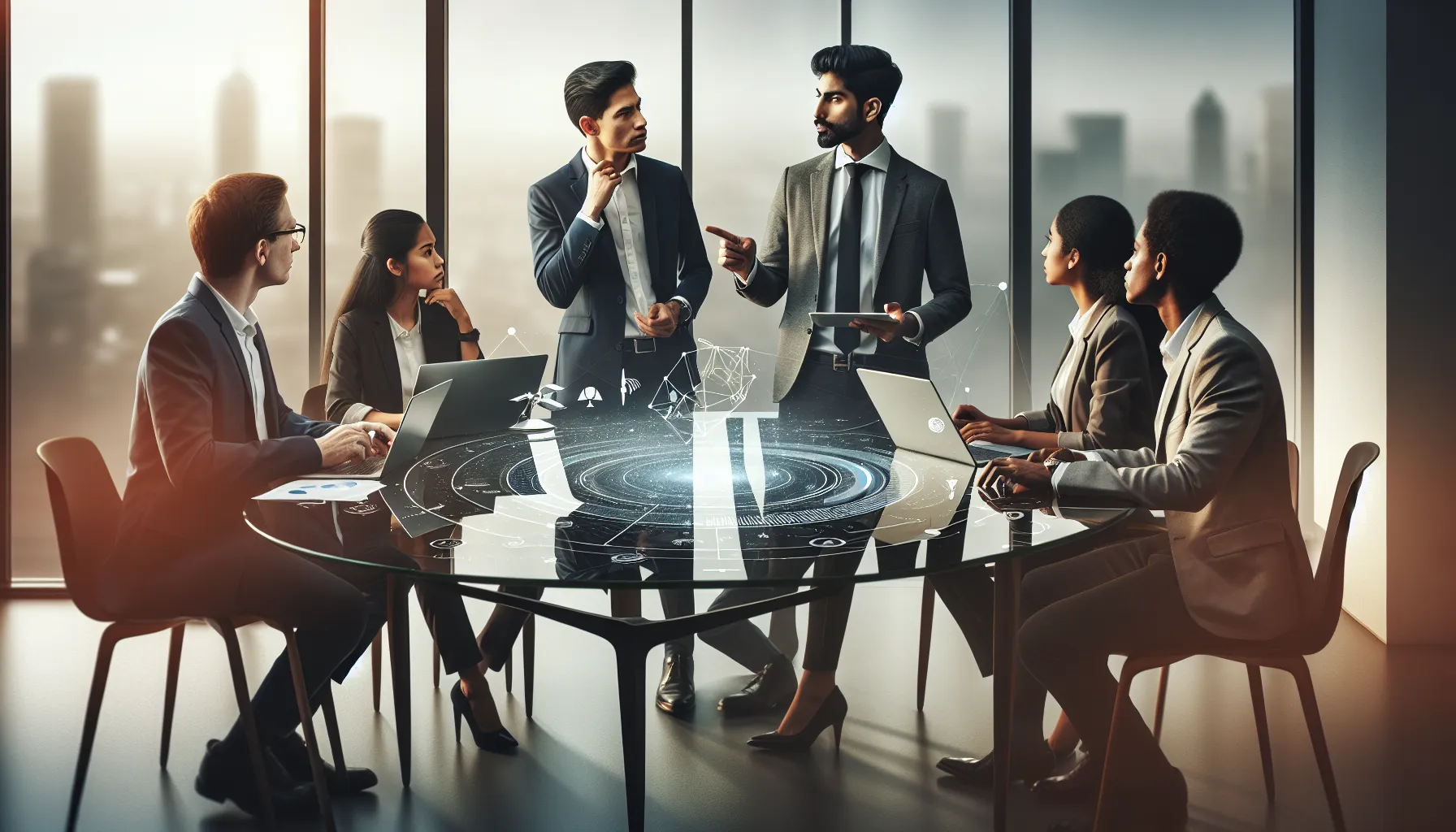 diverse team discussing satellite technology challenges in a modern office.