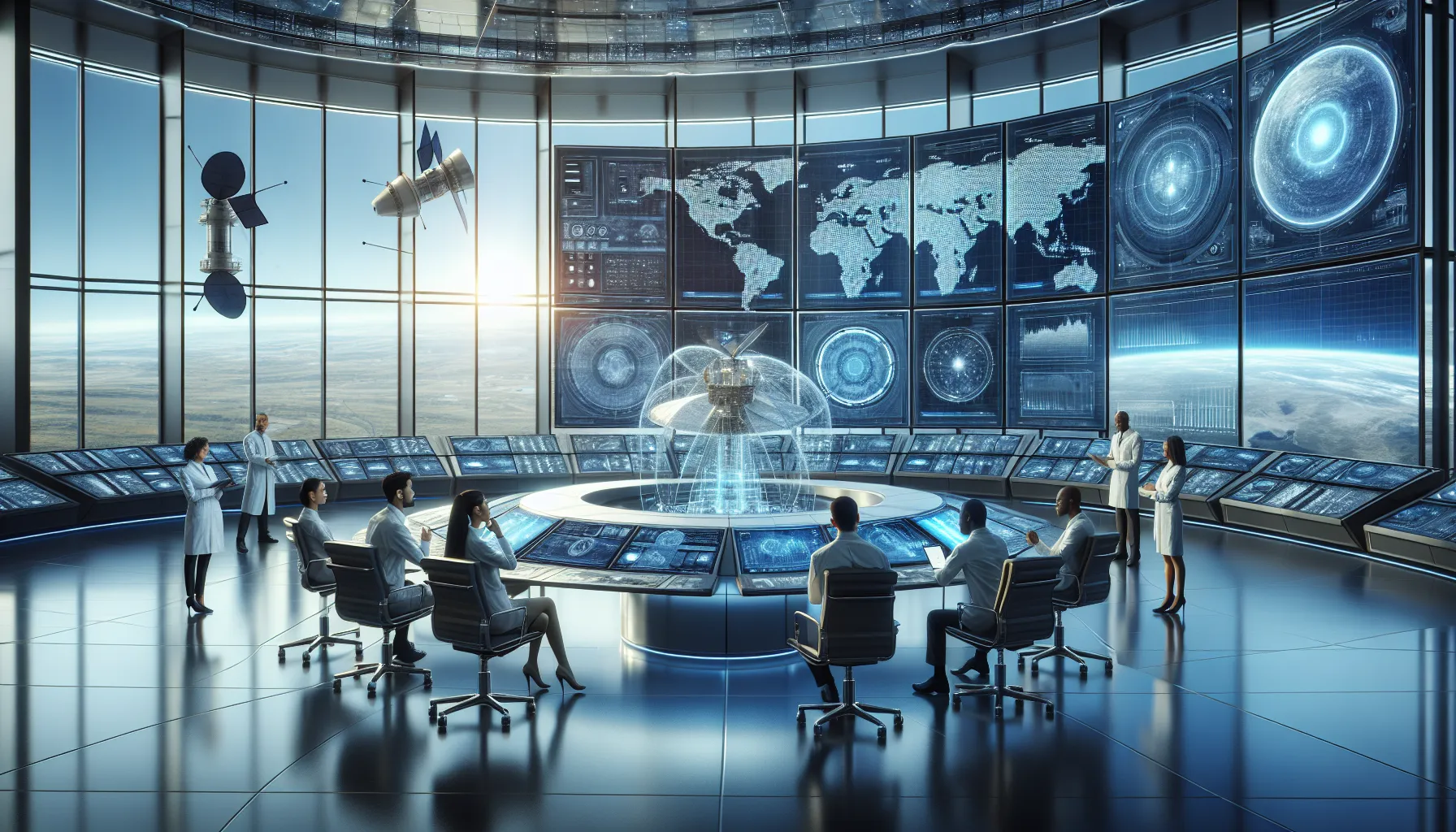 diverse team discussing satellite technology in a modern control room.
