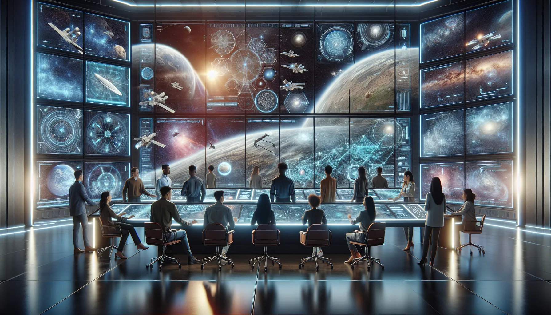 diverse team in a high-tech control room focused on space exploration.