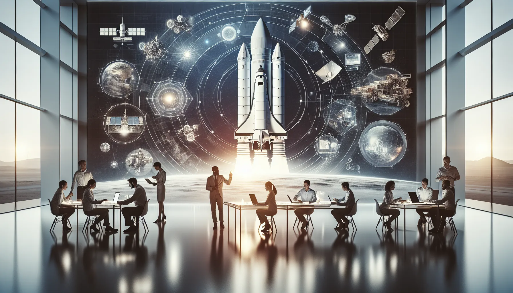 professionals discussing space age technology innovations in a modern office.