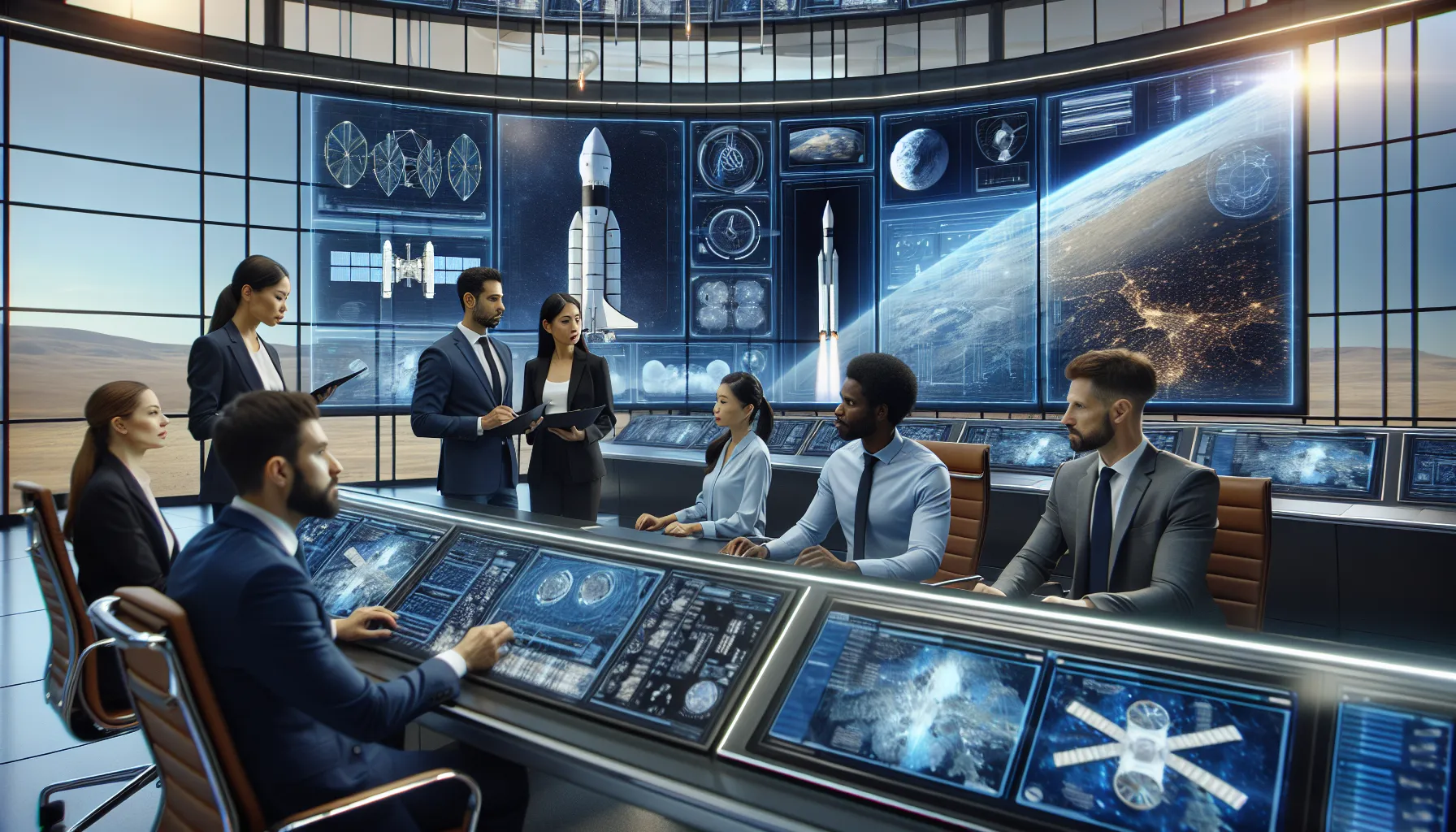 diverse team analyzing space industry data in a modern control room.