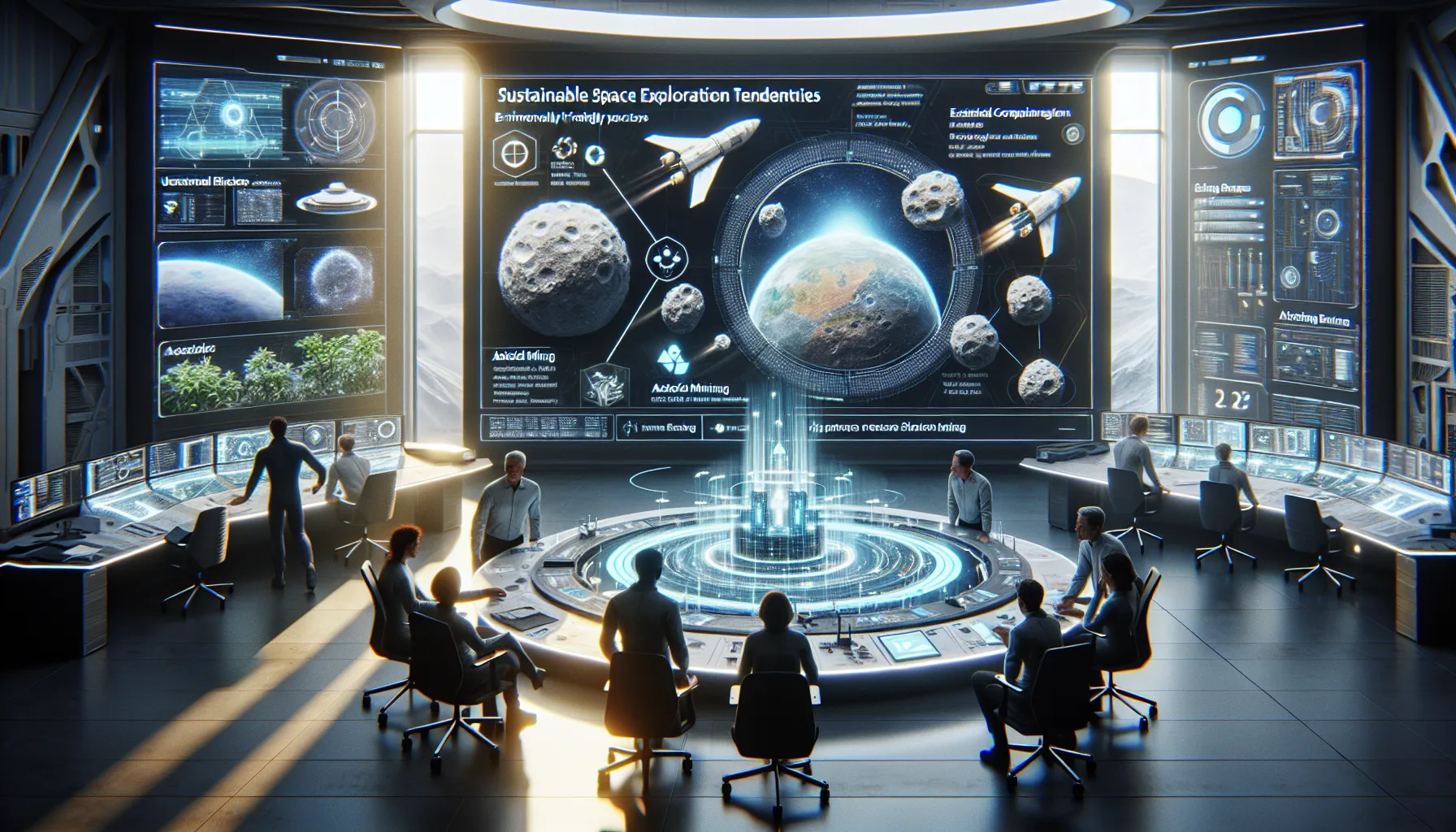 diverse team discussing sustainable practices in a modern space agency.