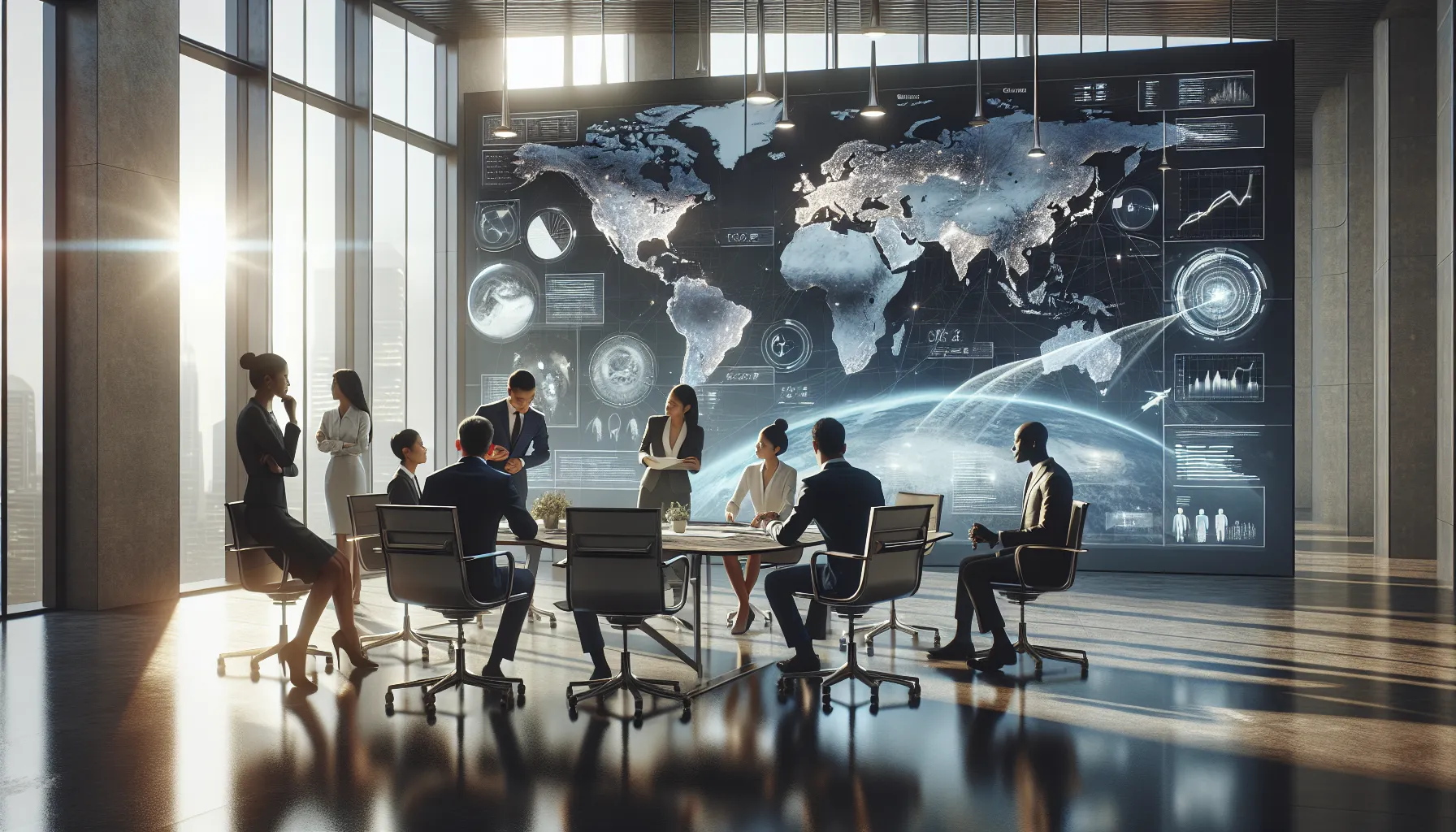 diverse team discussing space policies in a modern office.