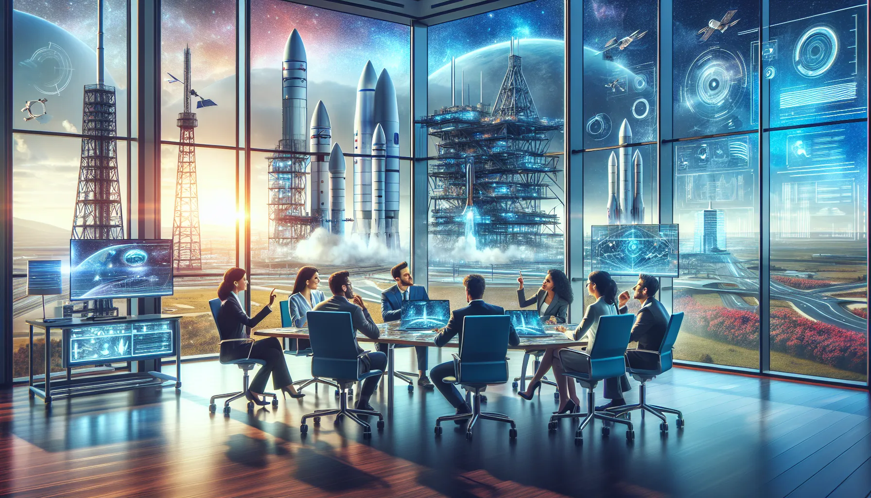 diverse professionals discussing space exploration's economic benefits in a modern office.