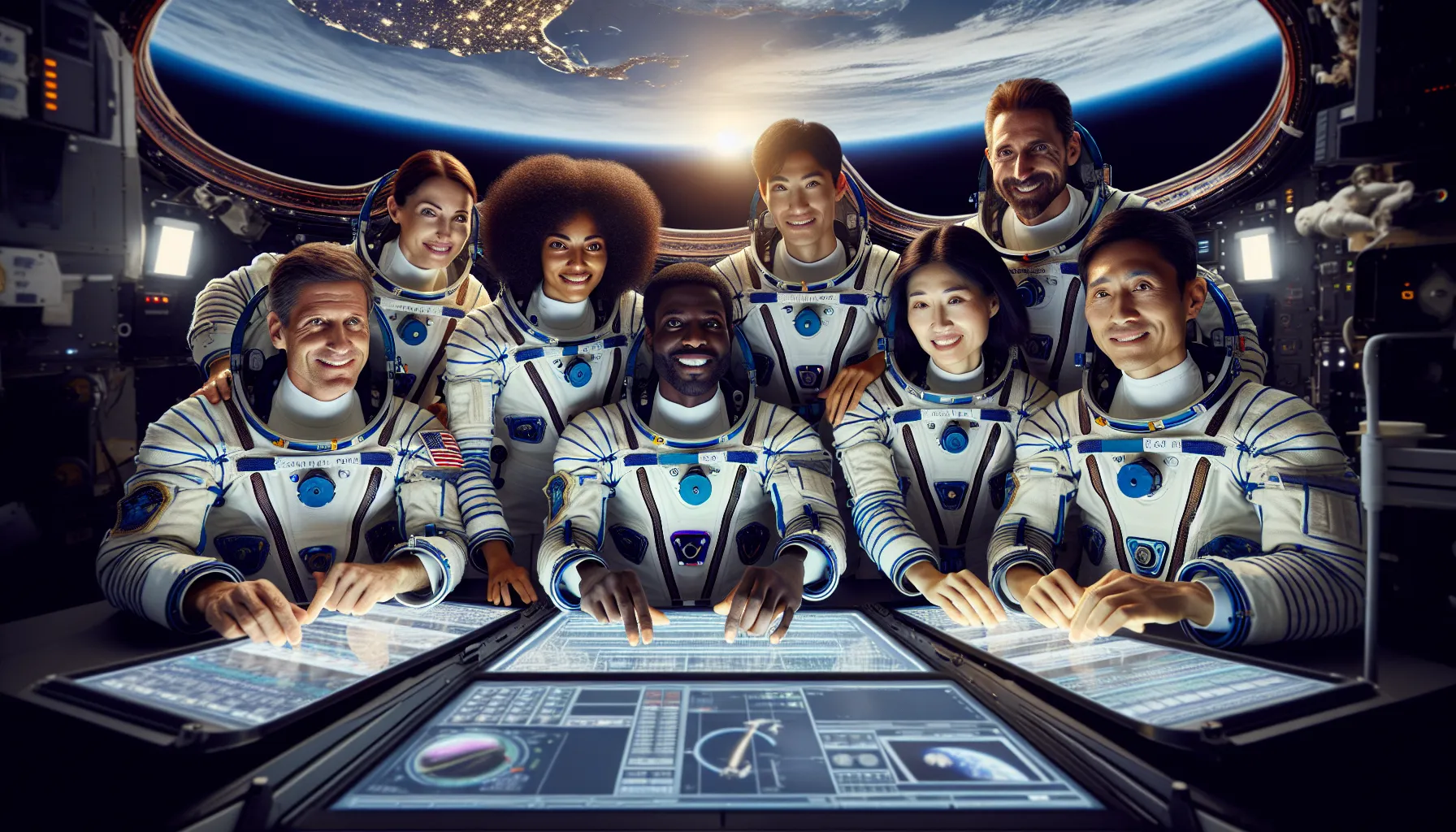 diverse astronauts collaborating inside the International Space Station.