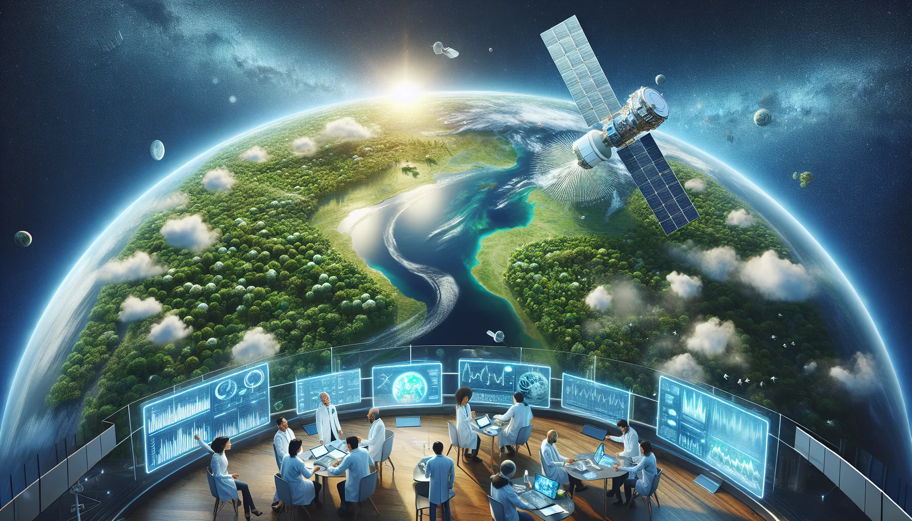 Earth seen from space with a satellite and scientists analyzing climate data.