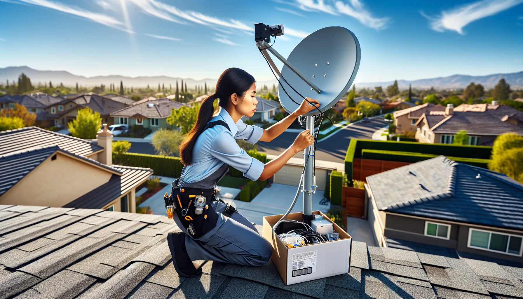 technician installing Earthlink satellite internet dish on a suburban roof.