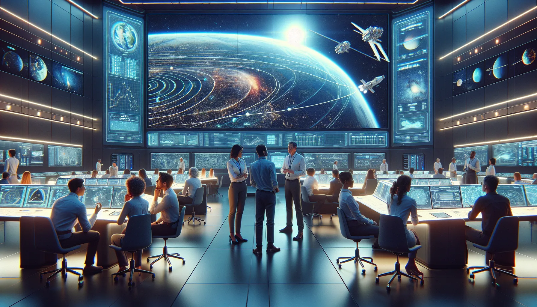 NASA team analyzing space travel data in a modern control center.