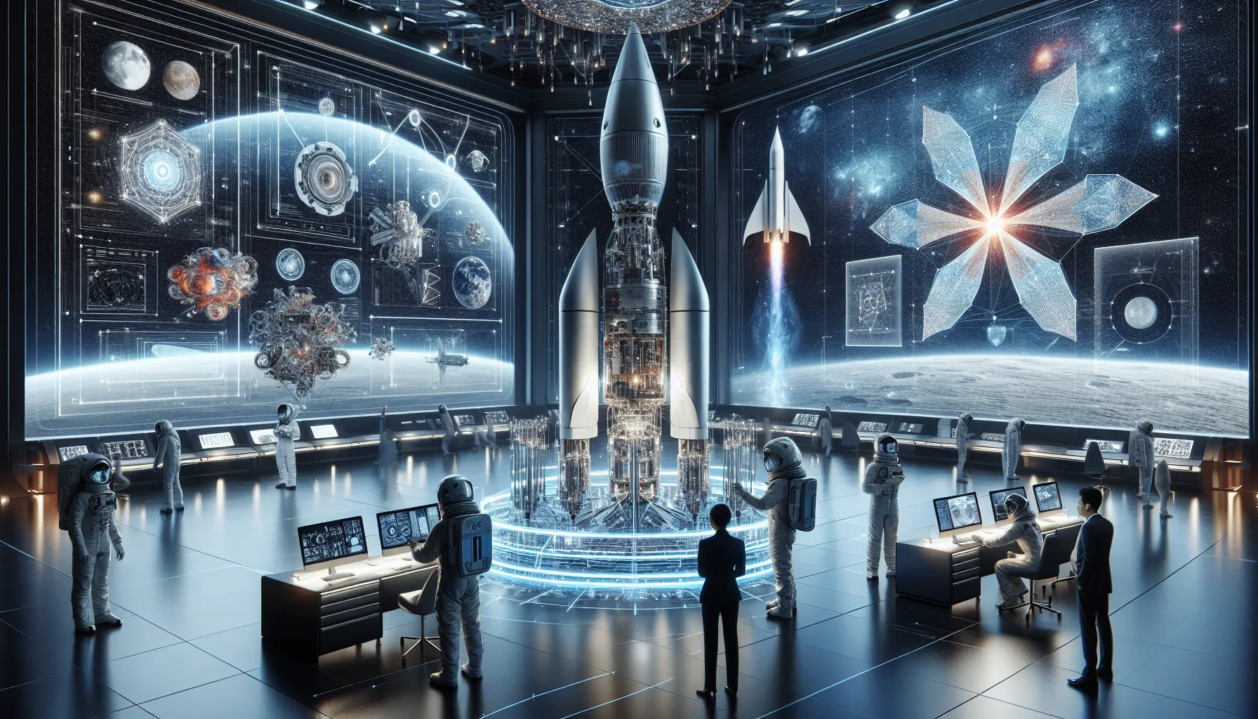 diverse team examining advanced space propulsion systems in a modern lab.