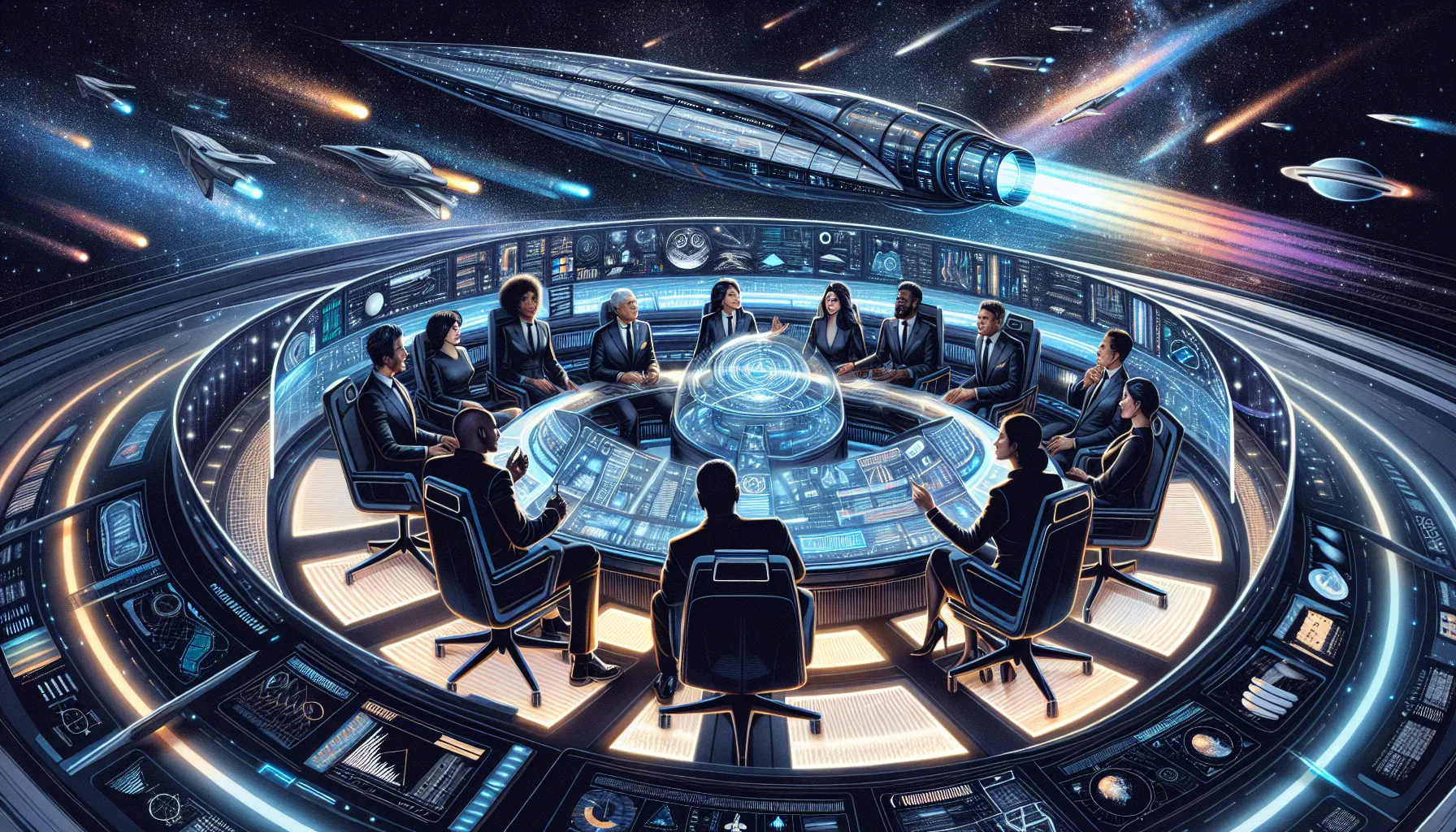diverse crew discussing interstellar travel in a futuristic spacecraft.