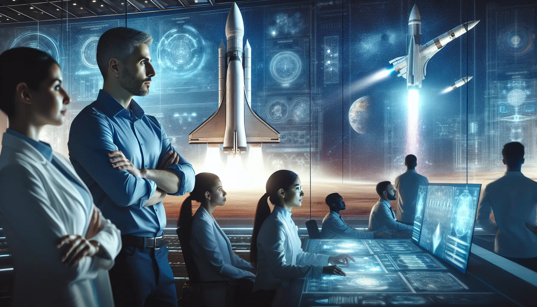 futuristic spacecraft launch with engineers in a modern control center.
