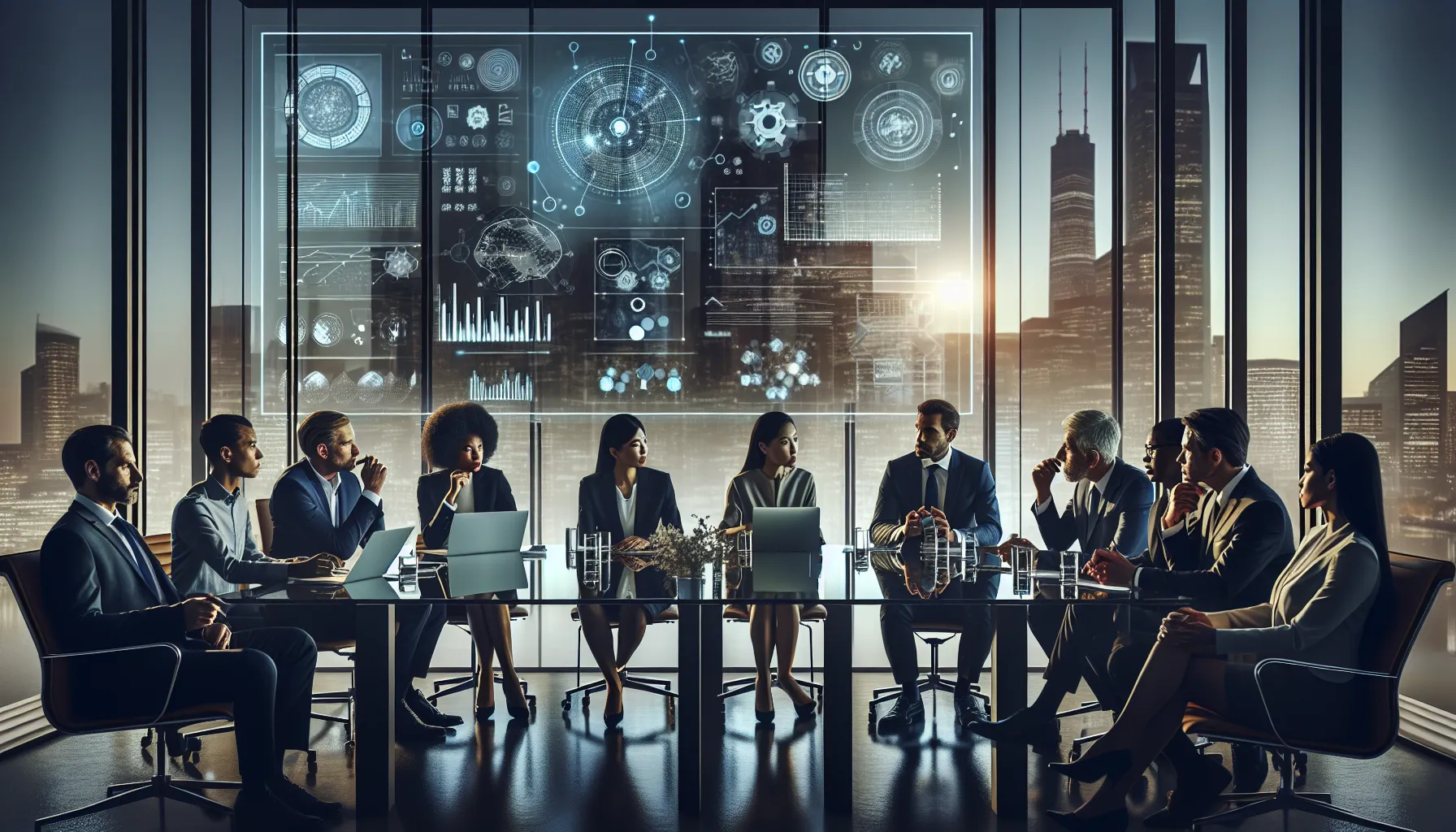 diverse committee discussing science and technology in a modern office.