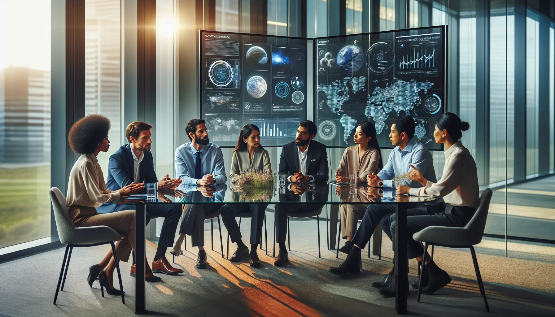 diverse professionals discussing future challenges in a modern office.