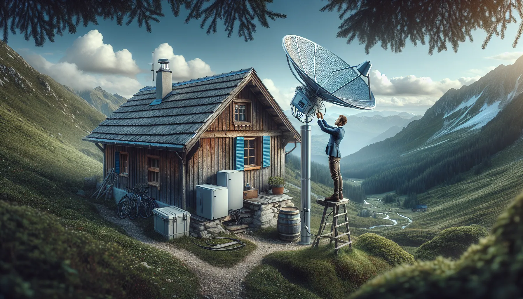 A satellite dish on a cabin in the mountains for internet connectivity.