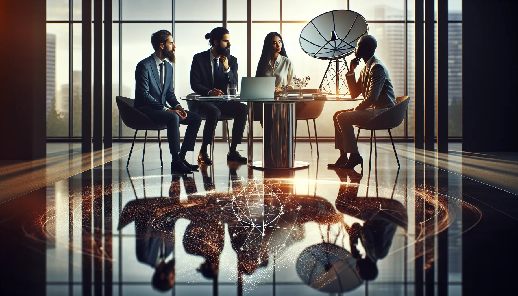 a diverse team discussing satellite technology in a modern office.
