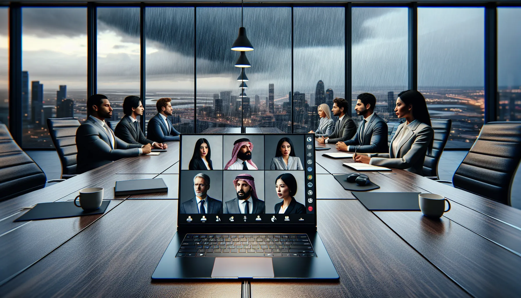 professionals discussing satellite internet in a modern office during rainy weather.